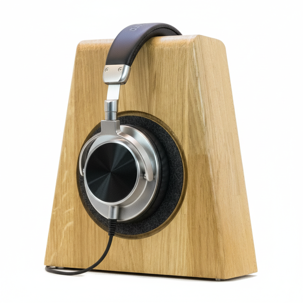 Kopfhörerständer PHONEBLOCK aufliegendem Ohrpolsterschutz und breiter Bügelauflage. phonotastisch