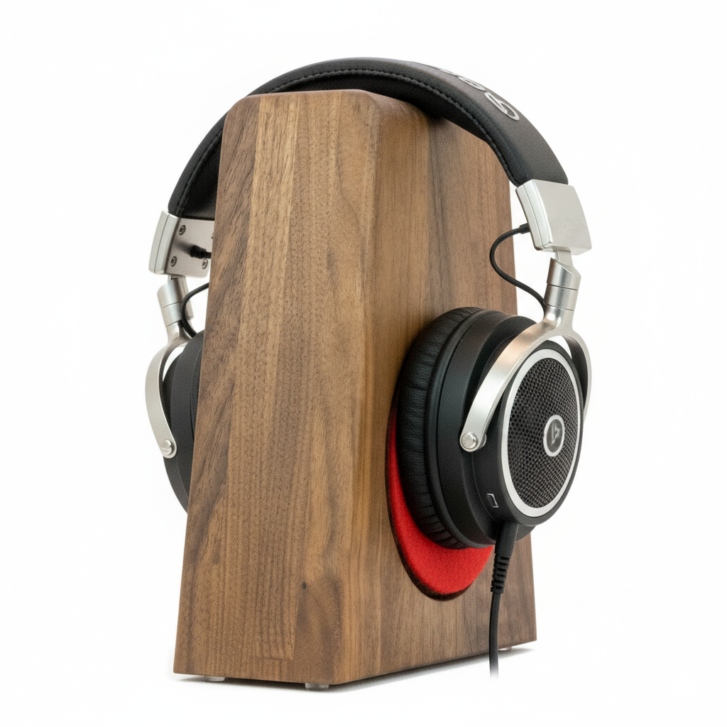 Kopfhörerständer PHONEBLOCK aufliegendem Ohrpolsterschutz und breiter Bügelauflage. phonotastisch