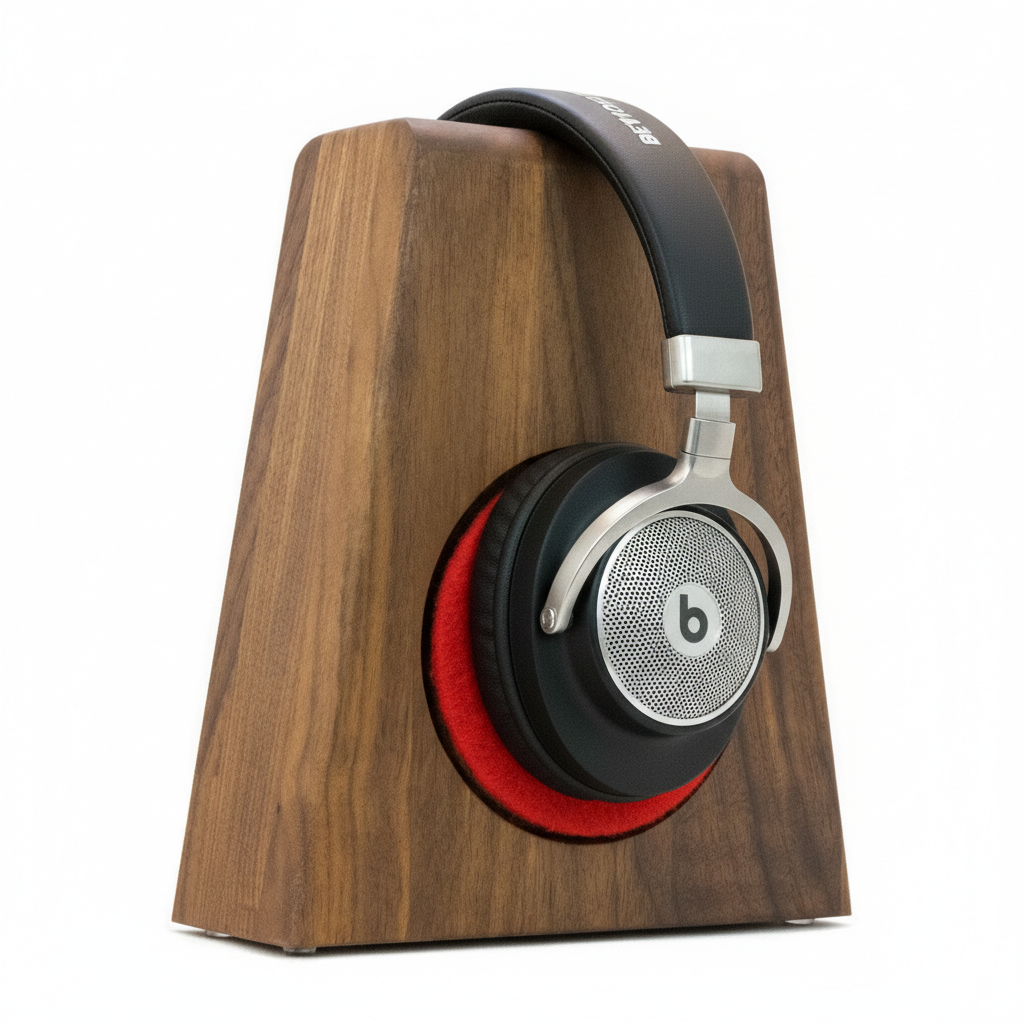 Kopfhörerständer PHONEBLOCK aufliegendem Ohrpolsterschutz und breiter Bügelauflage. phonotastisch