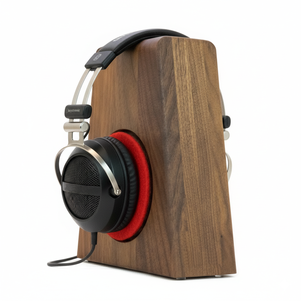 Kopfhörerständer PHONEBLOCK aufliegendem Ohrpolsterschutz und breiter Bügelauflage. phonotastisch