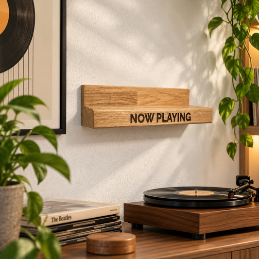 Schallplatten-Wandregal für 1 Vinyl inklusive Lasergravur NOW PLAYING. phonotastisch