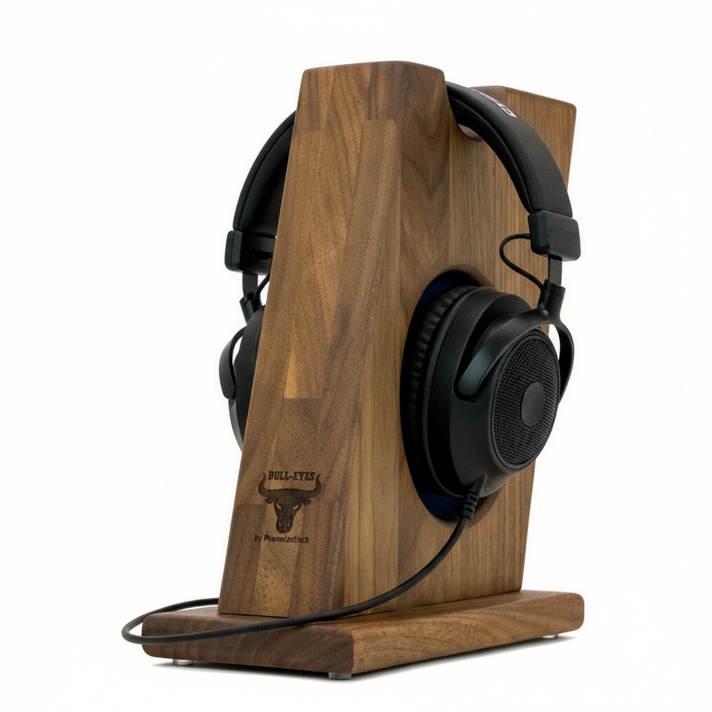 „Holz-Kopfhörerhalter mit CleaPad für optimalen Schutz der Ear Pads“ 