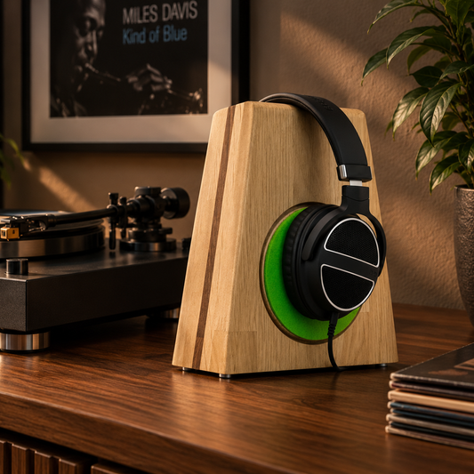 Kopfhörerständer Holz PHONEBLOCK FineLine – Massivholz Headphone Stand mit CleanPad | Handgemacht in Deutschland phonotastisch