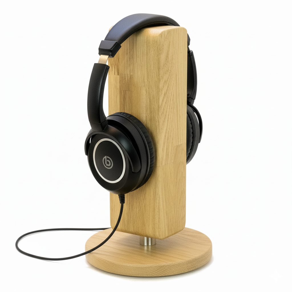 „Schlichter Kopfhörerständer aus Holz für minimalistisches Setup“ 