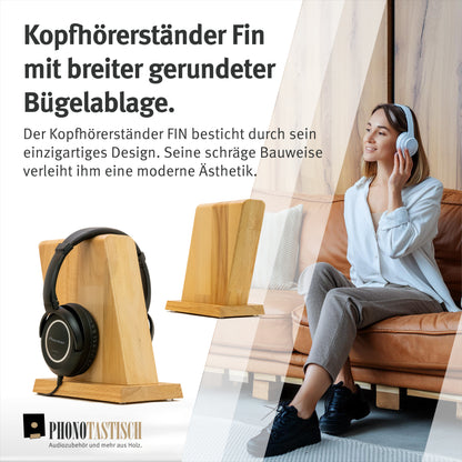 Kopfhörerständer "Fin" aus Massivholz mit breiter Bügelablage. phonotastisch